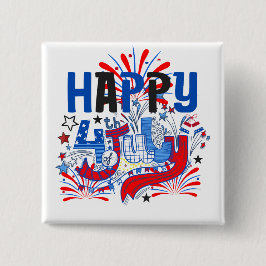 Bóton Quadrado 5.08cm Desenho de Celebração Patriótica Feliz 4 de Julho