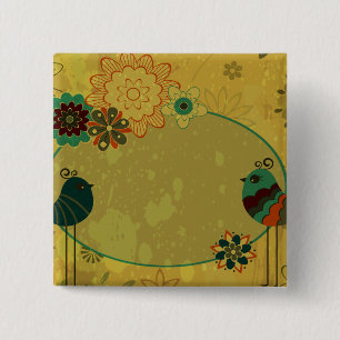 Bóton Quadrado 5.08cm desenho floral e de aves vintage