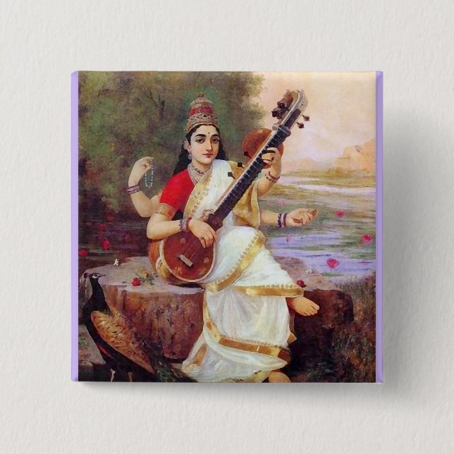 Bóton Quadrado 5.08cm Deusa Hindu Saraswati (Frente)