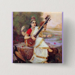 Bóton Quadrado 5.08cm Deusa Hindu Saraswati
