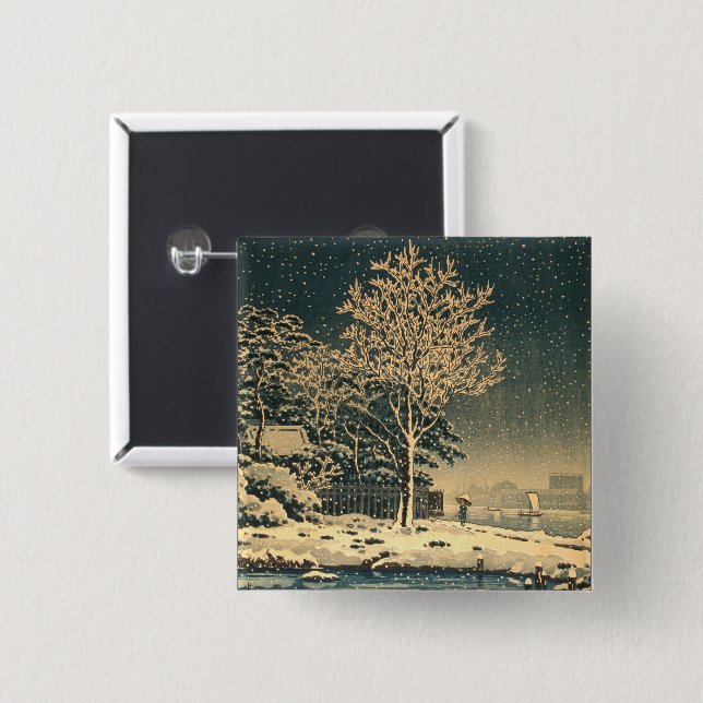 Bóton Quadrado 5.08cm Dia de inverno no Rio Sumida, no Japão (Frente & Verso)