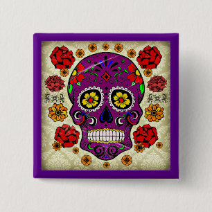 Bóton Quadrado 5.08cm Dia de los muertos - Botão do Crânio do Açúcar