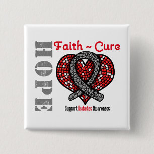 Bóton Quadrado 5.08cm Diabetes Hope Faith Cure Heart Ribbon