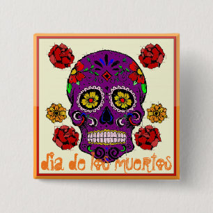 Bóton Quadrado 5.08cm Diâmetro de los muertos -- Botão do crânio do