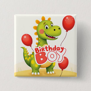 Bóton Quadrado 5.08cm Dinossauro Bonito de Aniversário com Balões Vermel
