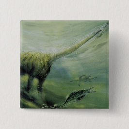 Bóton Quadrado 5.08cm Dinossauros Vintage, Brachiosaurus Nadando no Ocea