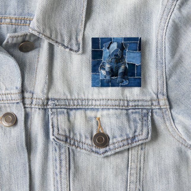 Bóton Quadrado 5.08cm Dog Patchwork Art Denim (In Situ)