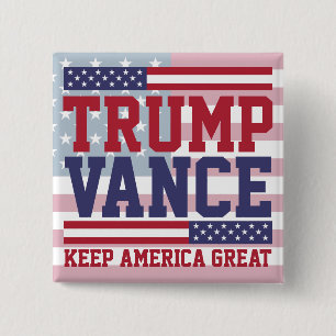 Bóton Quadrado 5.08cm Donald Trump JD Vance 2024 Keep America Excelente