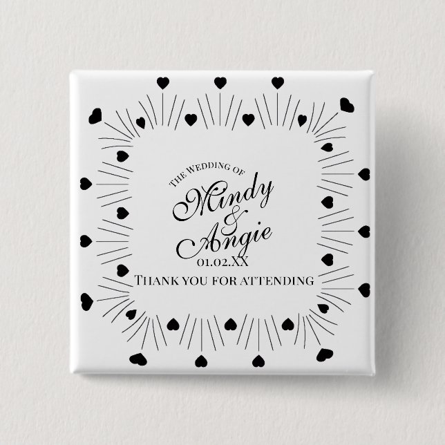 Bóton Quadrado 5.08cm Doodle Hearts Frame Script Wedding (Frente)