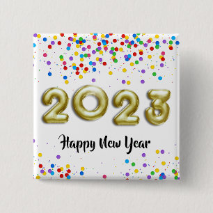Bóton Quadrado 5.08cm Dourado Ano Novo 2023 Balões Coloridos Confetti