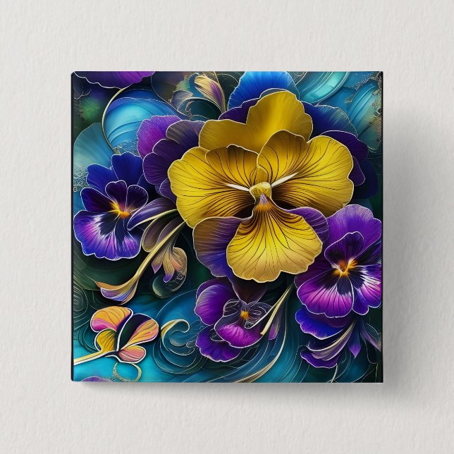 Bóton Quadrado 5.08cm Dourado e Roxo Pansy Patch (Frente)