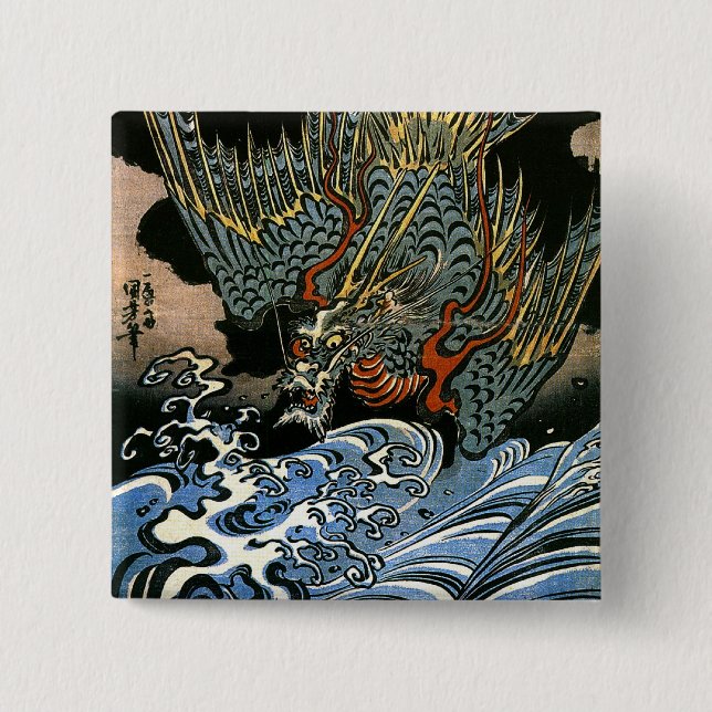 Bóton Quadrado 5.08cm Dragão e Espírito Água Kuniyoshi Belas Artes Japon (Frente)