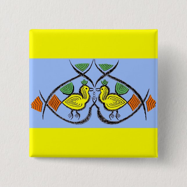 Bóton Quadrado 5.08cm duas aves de arte folclórica (Frente)