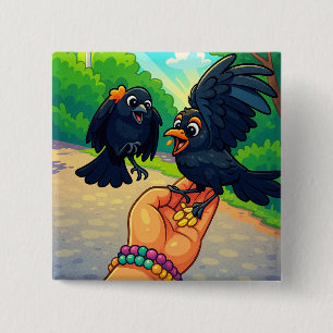 Bóton Quadrado 5.08cm Duas aves negras alimentadas com cartoons manuais