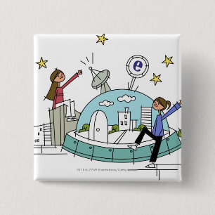 Bóton Quadrado 5.08cm Duas mulheres que sentam-se sobre uma cidade