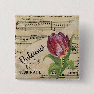 Bóton Quadrado 5.08cm Dulcimer Tulip Vintage Sheet Music Personalizada