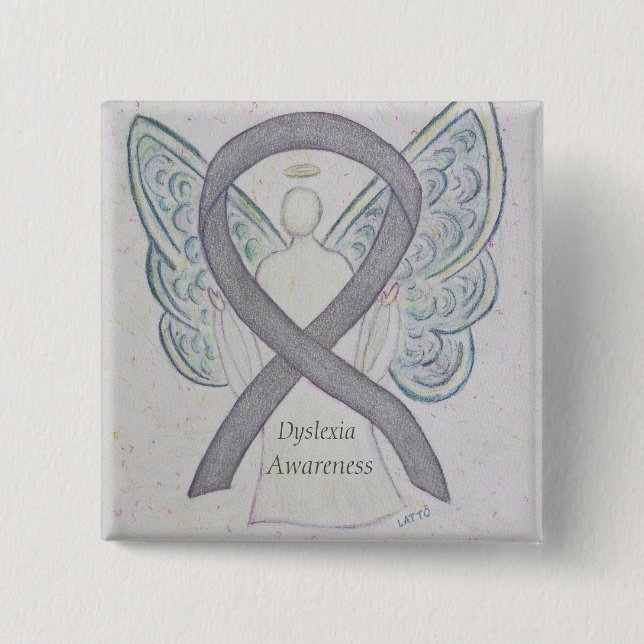 Bóton Quadrado 5.08cm Dyslexia Silver Sensibilização Ribbon Angel Pin Pe (Frente)