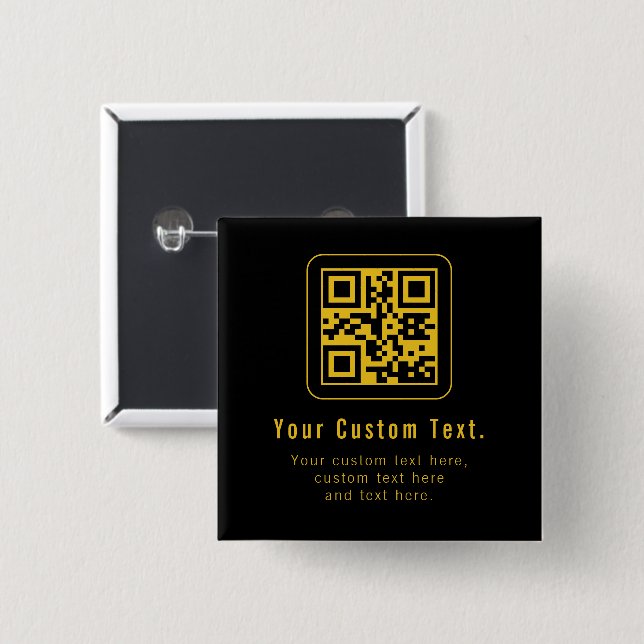 Bóton Quadrado 5.08cm Editable QR Code & Text Template | Black & Gold (Frente & Verso)