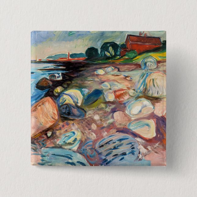 Bóton Quadrado 5.08cm Edvard Munch - Shore com Casa Vermelha (Frente)