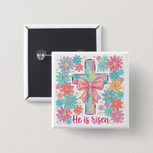 Bóton Quadrado 5.08cm "Ele ressuscitou" Cruz Religiosa Páscoa