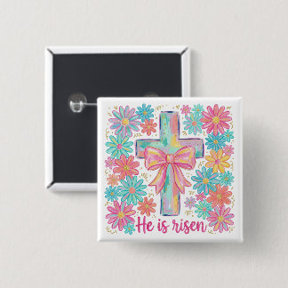 Bóton Quadrado 5.08cm "Ele ressuscitou" Cruz Religiosa Páscoa