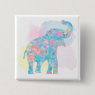 Bóton Quadrado 5.08cm elefante floral de aquarela
