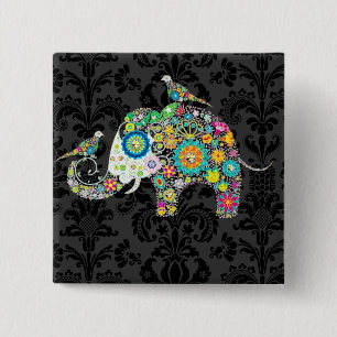 Bóton Quadrado 5.08cm Elefante Floral Retro Colorido & Pássaros