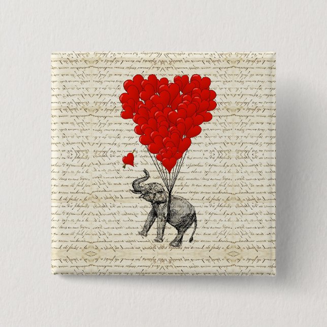 Bóton Quadrado 5.08cm Elefante romântico e balões cardíacos (Frente)