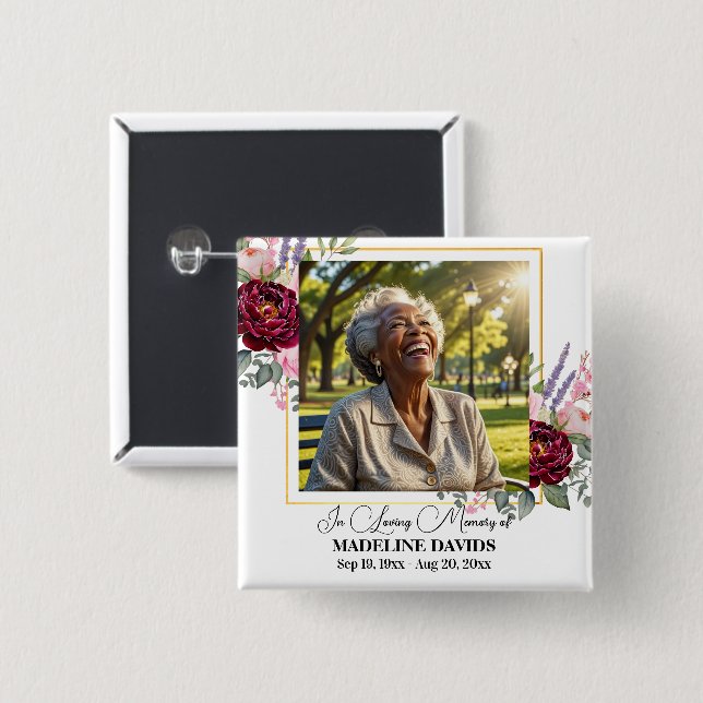 Bóton Quadrado 5.08cm Elegant Peonies Photo Funeral Keepsake  (Frente & Verso)