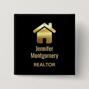 Bóton Quadrado 5.08cm Elegante Dourado House Símbolo Real Estate Design
