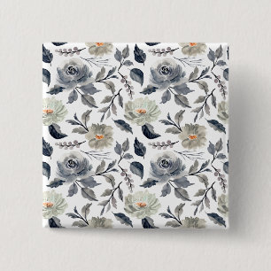 Bóton Quadrado 5.08cm Elegante Floral Botânico em Azul Cinza Aguarela Vi