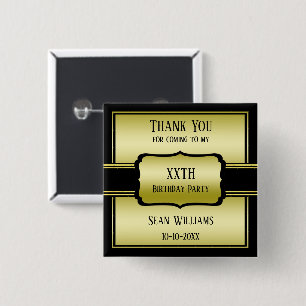 Bóton Quadrado 5.08cm Elegante Homem Dourado e Preto Aniversário Obrigad