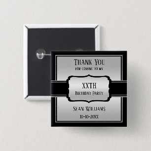 Bóton Quadrado 5.08cm Elegante Homem Prata e Preto Aniversário Obrigado