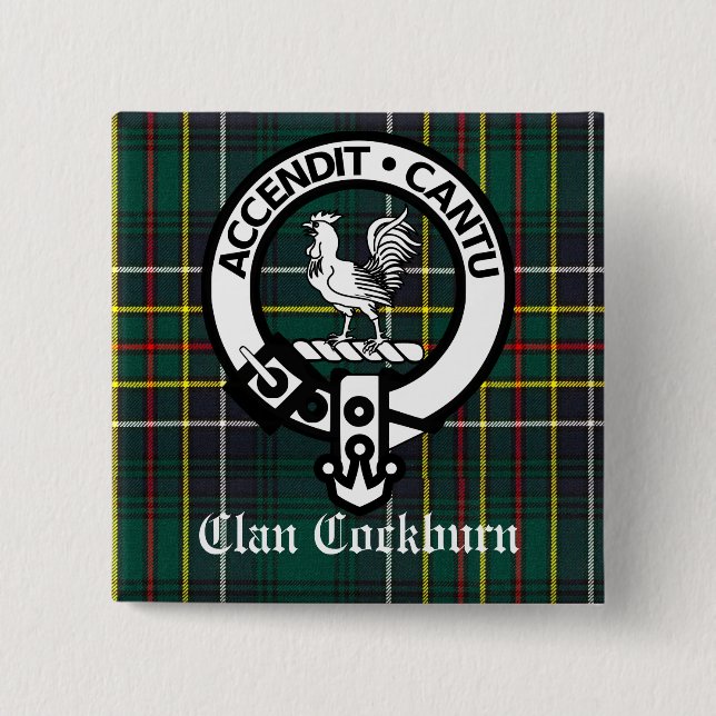 Bóton Quadrado 5.08cm Emblema da Crista do Clã Cockburn e Tartan (Frente)