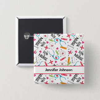 Bóton Quadrado 5.08cm Enfermeira Amor Nome Branco Personalizar Crachá