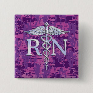 Bóton Quadrado 5.08cm Enfermeira Registrada RN Silver Caduceus Fuchsia C