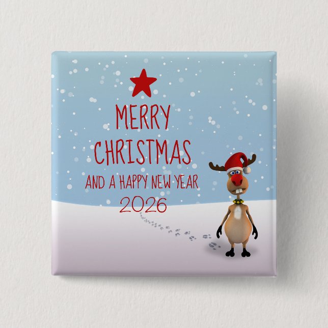 Bóton Quadrado 5.08cm Engraçado Reindeer Natal Árvore do Ano Novo 2022 (Frente)