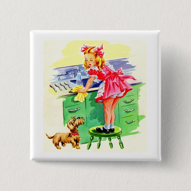 Bóton Quadrado 5.08cm Ensinando Rover a lavar a louça (Frente)