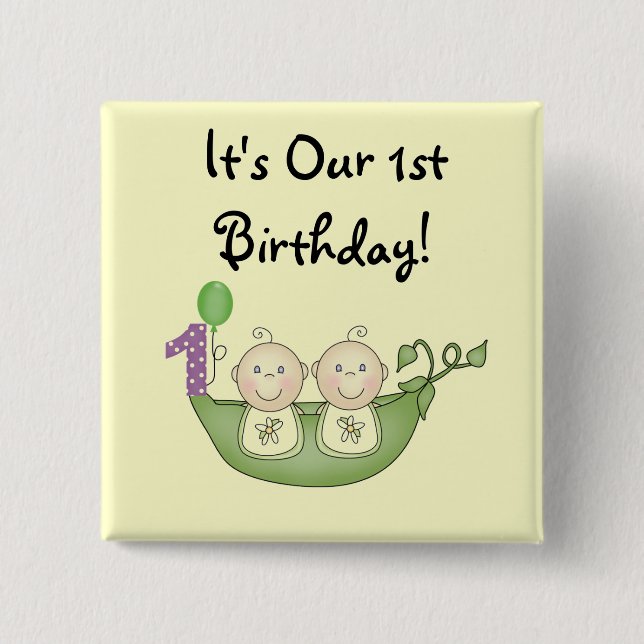 Bóton Quadrado 5.08cm Ervilhas dos gêmeos em um primeiro aniversário do (Frente)