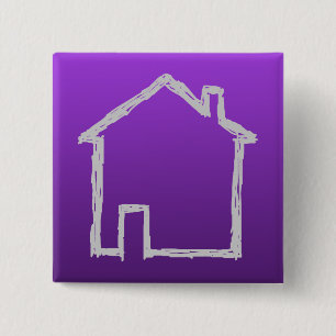 Bóton Quadrado 5.08cm Esboço da casa. Cinzas e roxo