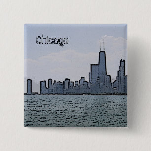 Bóton Quadrado 5.08cm Esboço da Deslumbrante Skyline de Chicago
