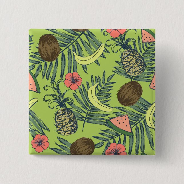 Bóton Quadrado 5.08cm Esboço da fruta tropical no teste padrão verde (Frente)