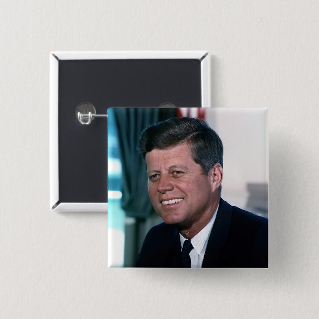 Bóton Quadrado 5.08cm Escritório Oval Retrato Presidente John F. Kennedy (Frente & Verso)