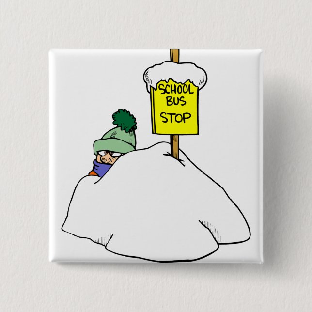 Bóton Quadrado 5.08cm Esperando O Ônibus Escolar Na Neve De Inverno (Frente)