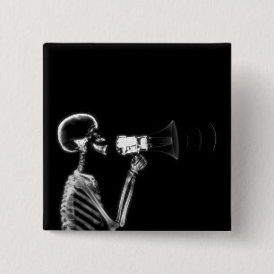 BÓTON QUADRADO 5.08CM ESQUELETO DO RAIO X NO MEGAFONE - B&W