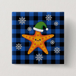 Bóton Quadrado 5.08cm Estaleiro do Natal Kawaii no padrão azul de búfalo