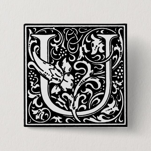 Bóton Quadrado 5.08cm Estilo Renascentista alfabeto - Letra U - Pino (Frente)