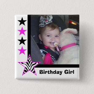 Bóton Quadrado 5.08cm Estrela da zebra: Menina do aniversário: Botão d