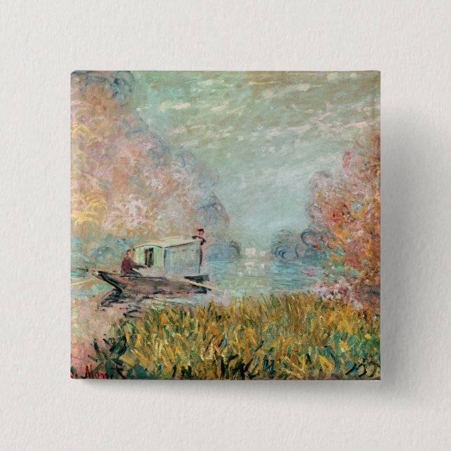 Bóton Quadrado 5.08cm Estúdio do barco de Claude Monet | no Seine (Frente)