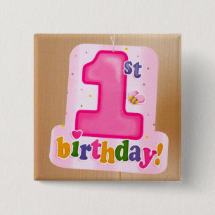 Bóton Quadrado 5.08cm Etiqueta do primeiro aniversario rosa na porta